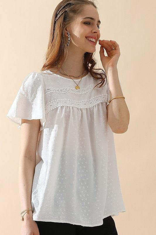 ROUND NECK RACE DETAILED SHORT SLEEVE BLOUSE - Doublju