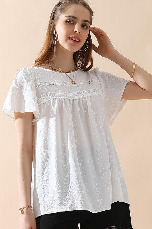 ROUND NECK RACE DETAILED SHORT SLEEVE BLOUSE - Doublju