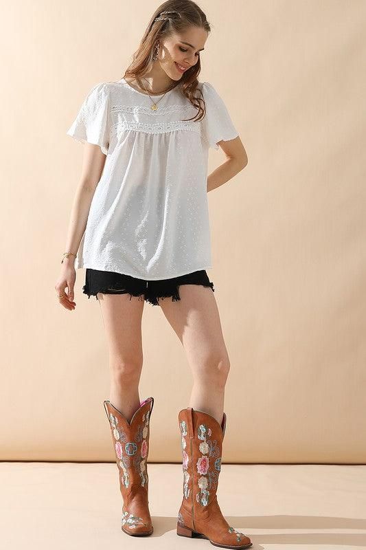 ROUND NECK RACE DETAILED SHORT SLEEVE BLOUSE - Doublju