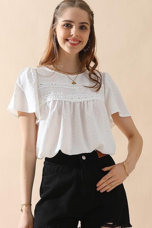 ROUND NECK RACE DETAILED SHORT SLEEVE BLOUSE - Doublju