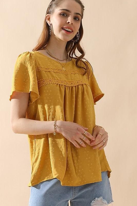 ROUND NECK RACE DETAILED SHORT SLEEVE BLOUSE - Doublju