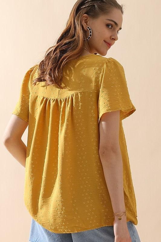 ROUND NECK RACE DETAILED SHORT SLEEVE BLOUSE - Doublju