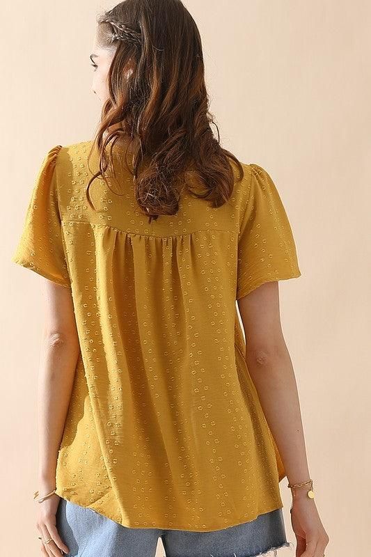 ROUND NECK RACE DETAILED SHORT SLEEVE BLOUSE - Doublju