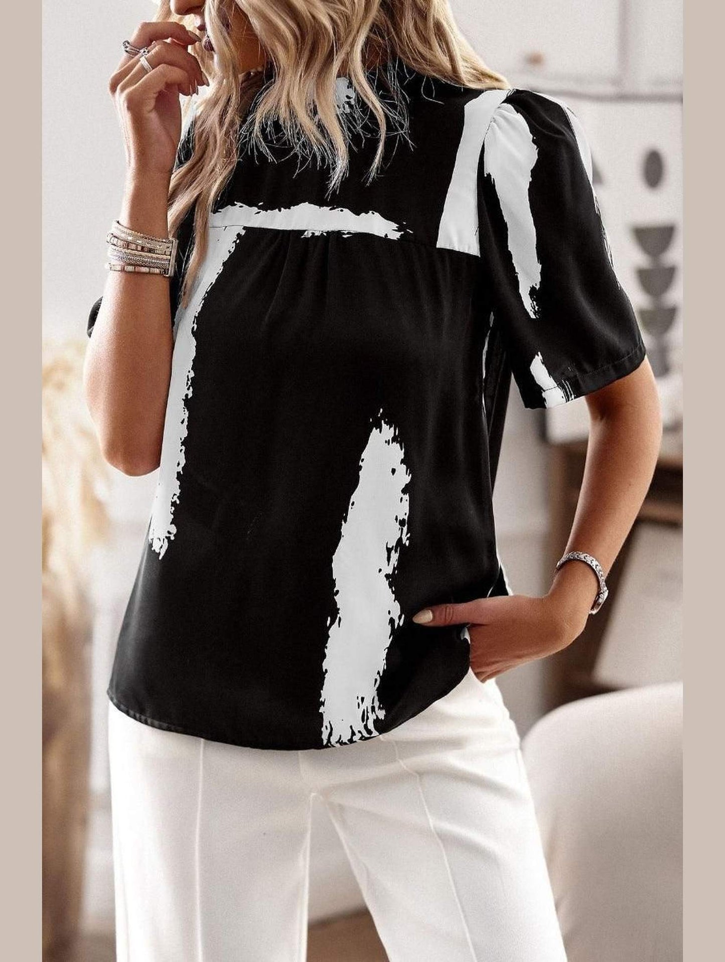 UNIQUE PATTERN HALF NECK BLOUSE - Doublju