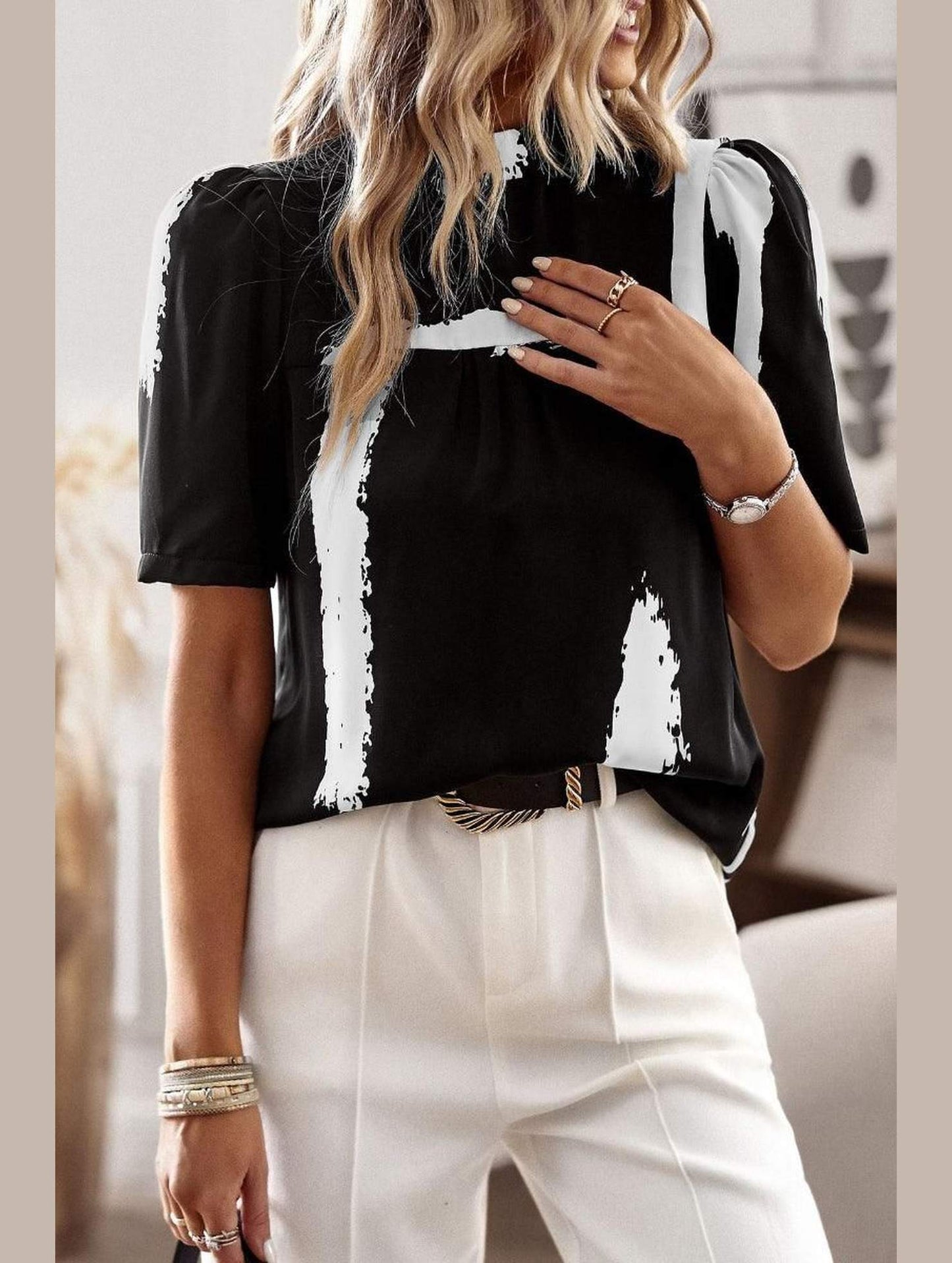 UNIQUE PATTERN HALF NECK BLOUSE - Doublju