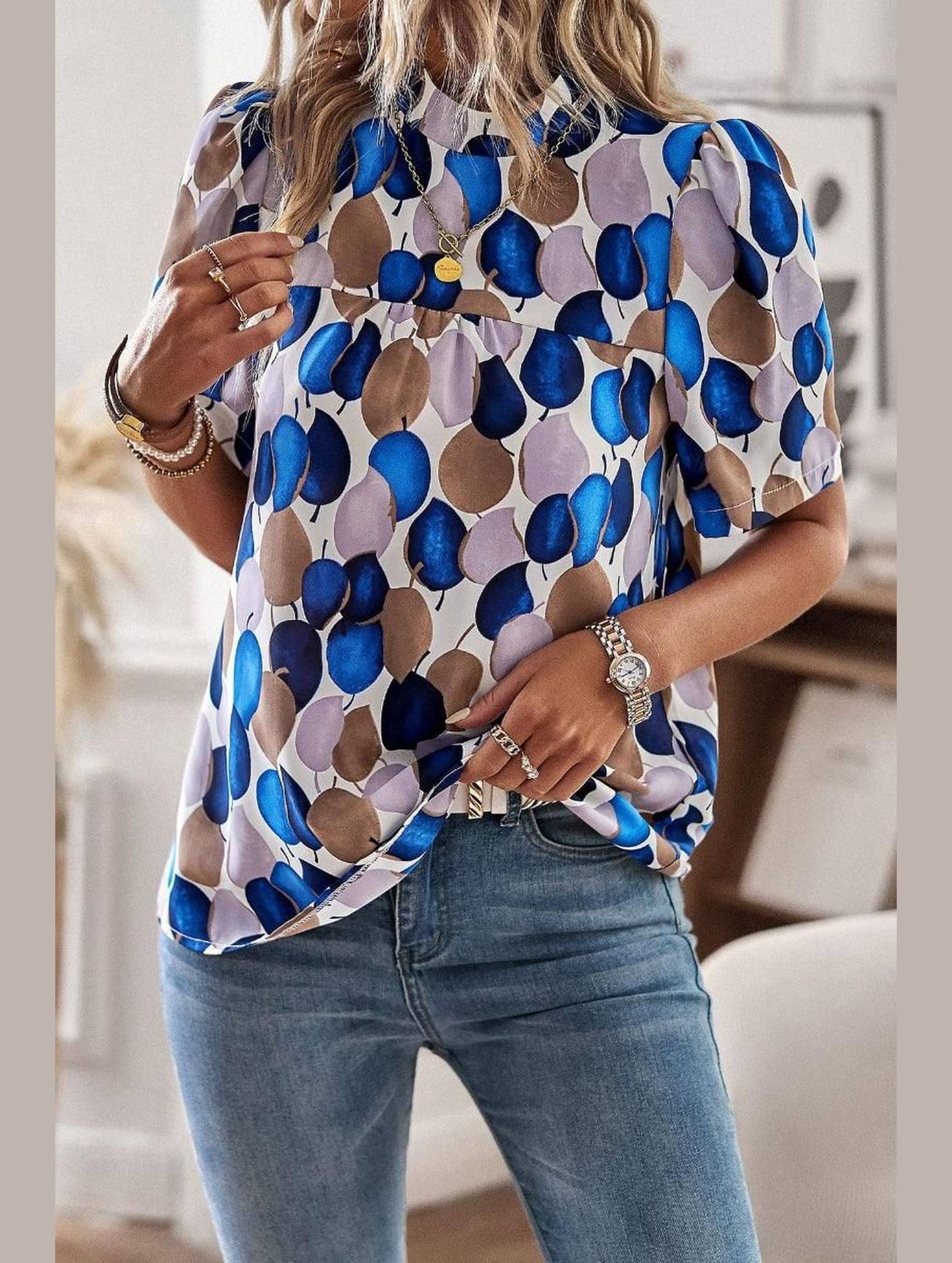 UNIQUE PATTERN HALF NECK BLOUSE - Doublju