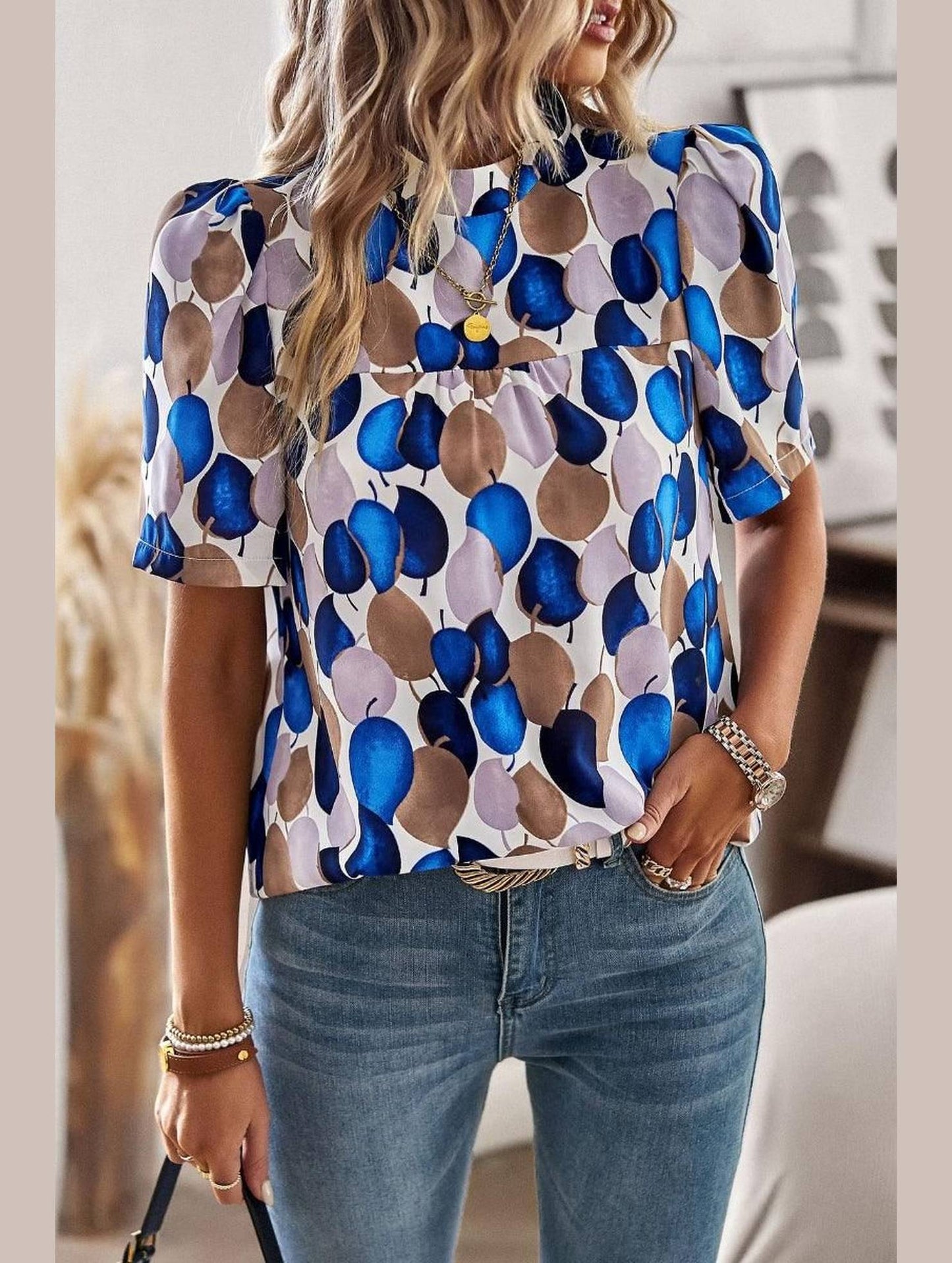 UNIQUE PATTERN HALF NECK BLOUSE - Doublju