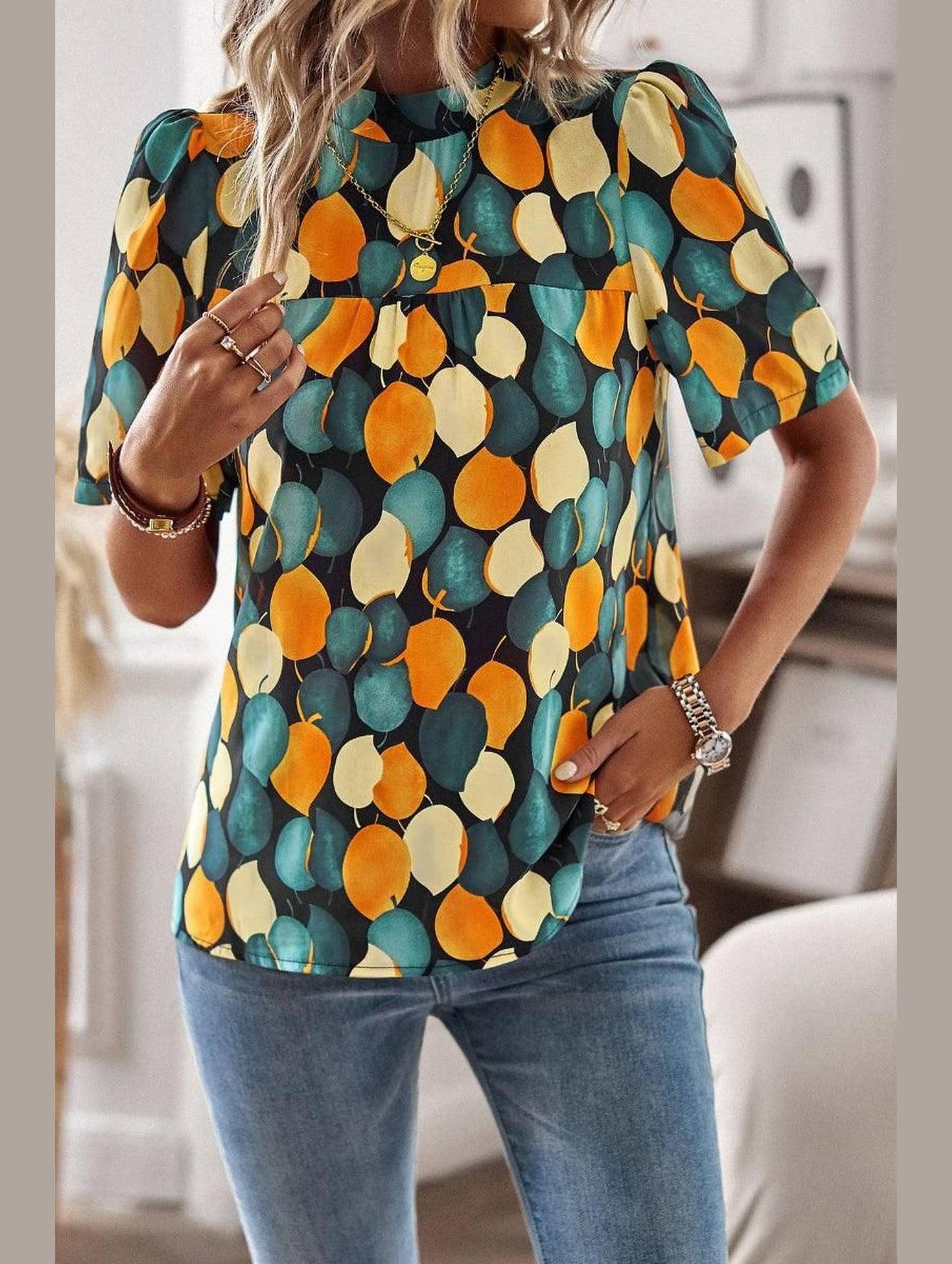 UNIQUE PATTERN HALF NECK BLOUSE - Doublju