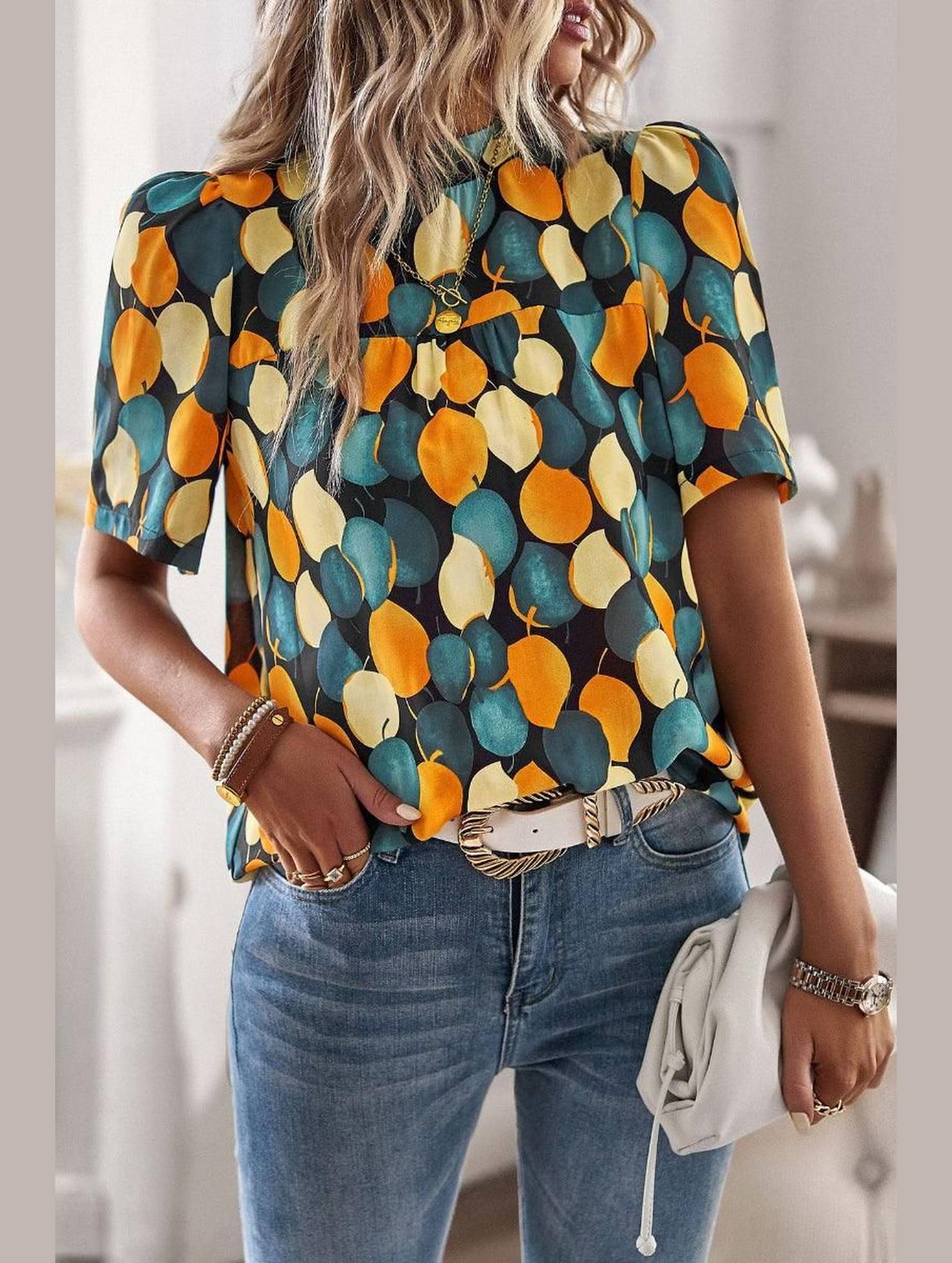 UNIQUE PATTERN HALF NECK BLOUSE - Doublju