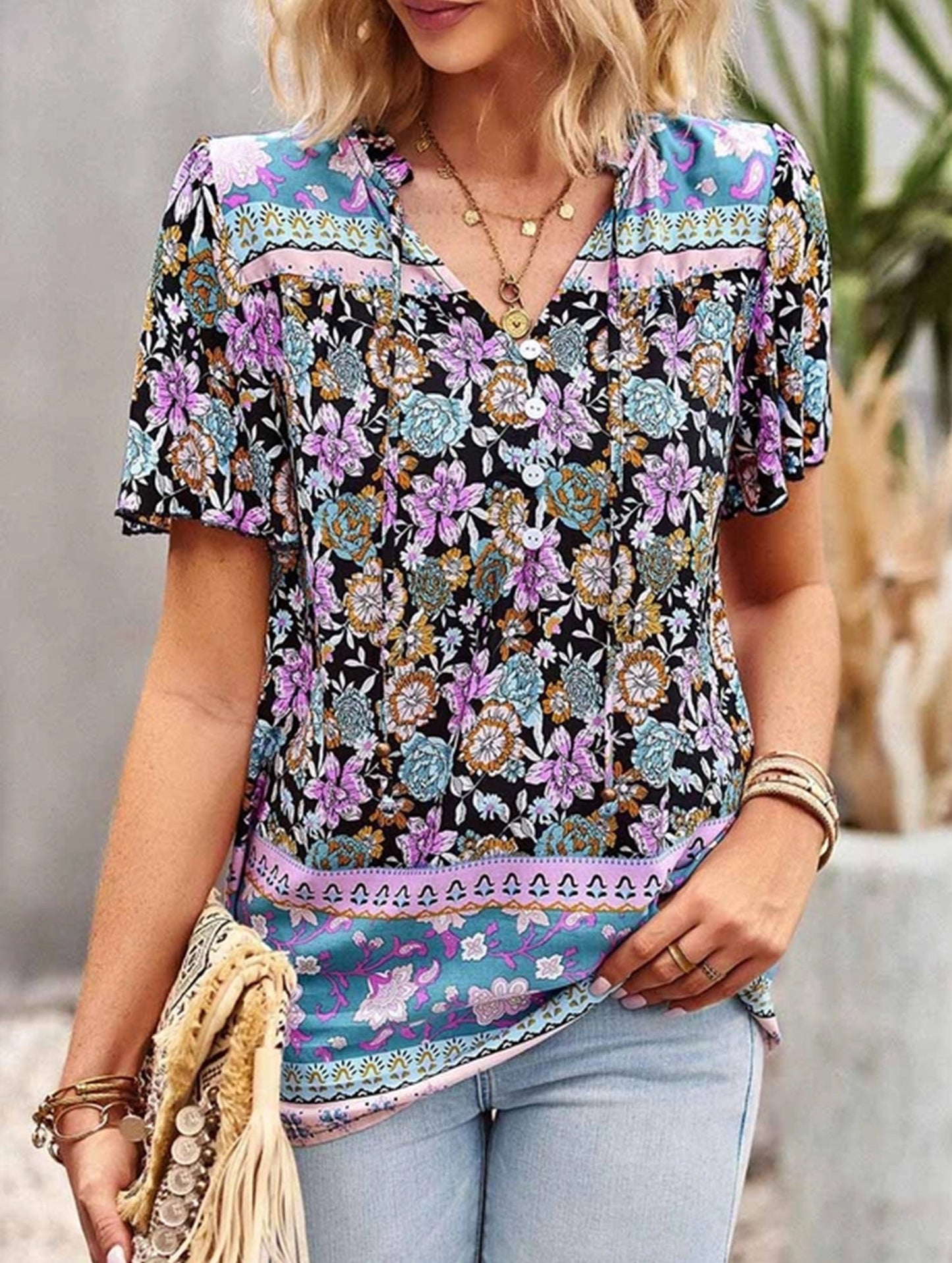 FLOWER PATTERNED HALF BUTTON V NECK TUNIC TOP