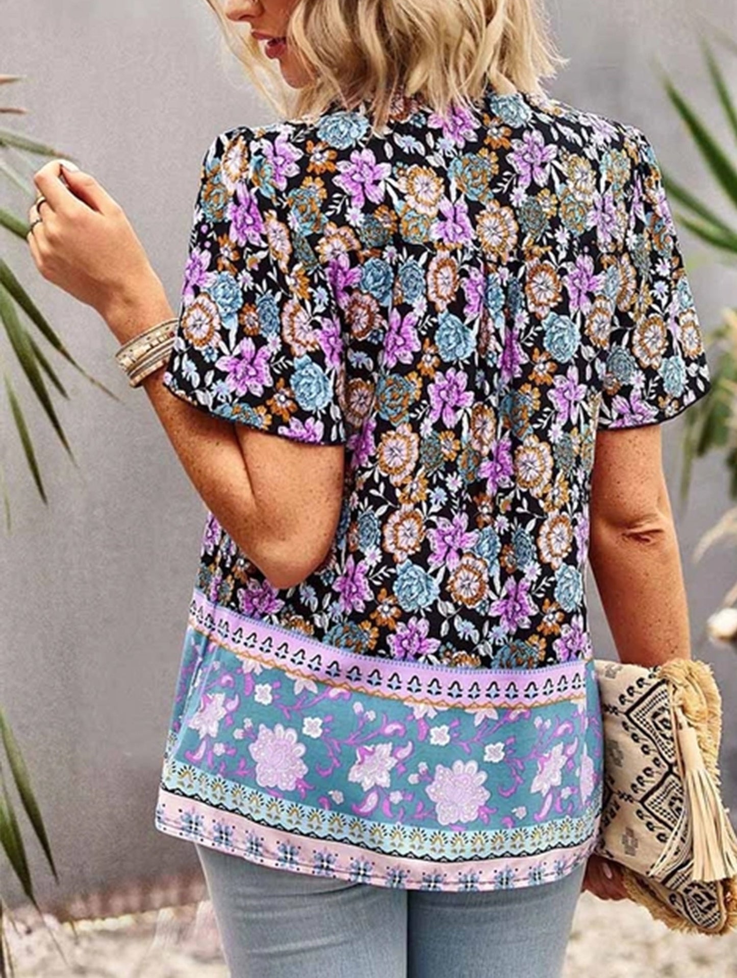 FLOWER PATTERNED HALF BUTTON V NECK TUNIC TOP