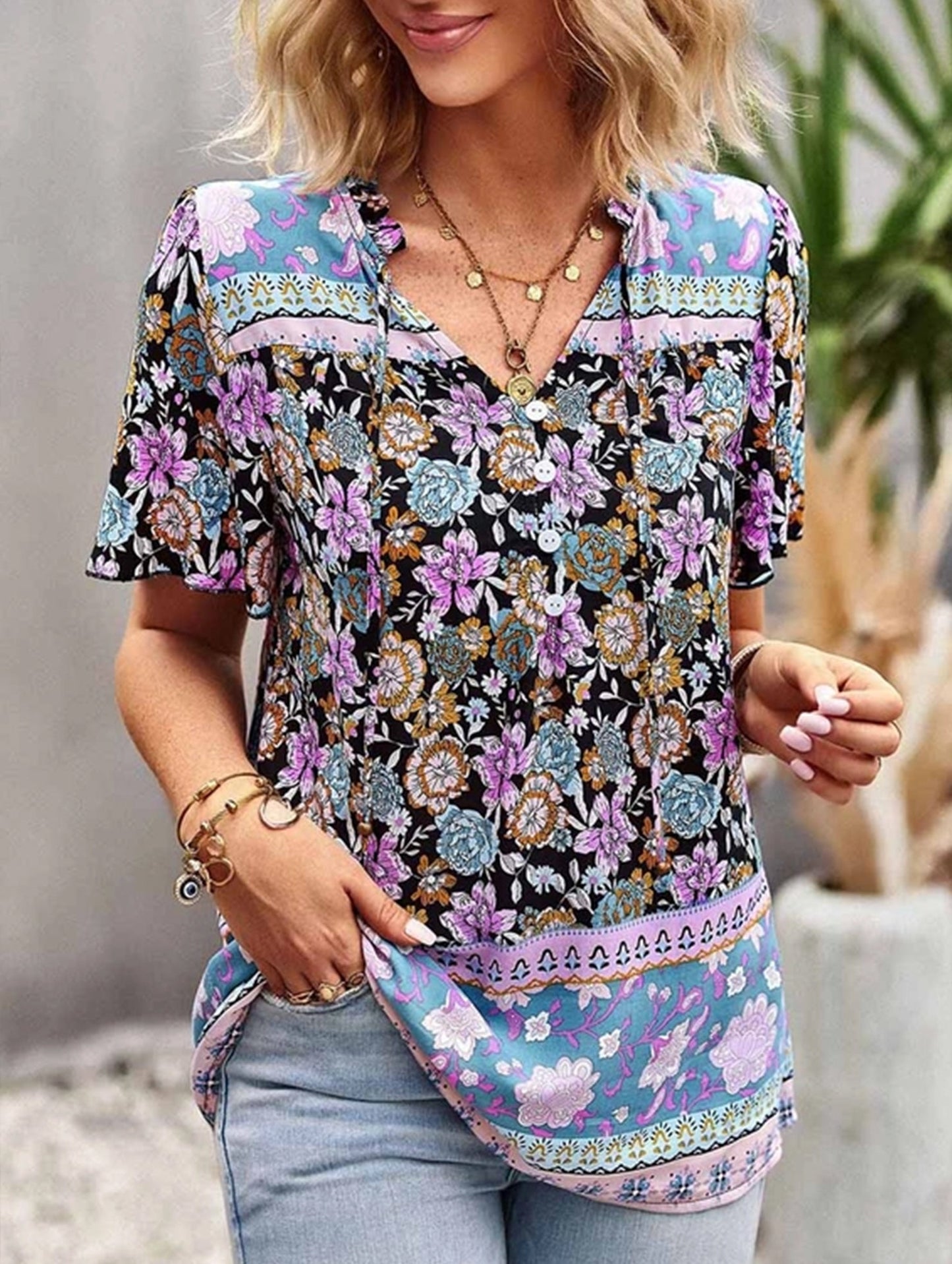 FLOWER PATTERNED HALF BUTTON V NECK TUNIC TOP