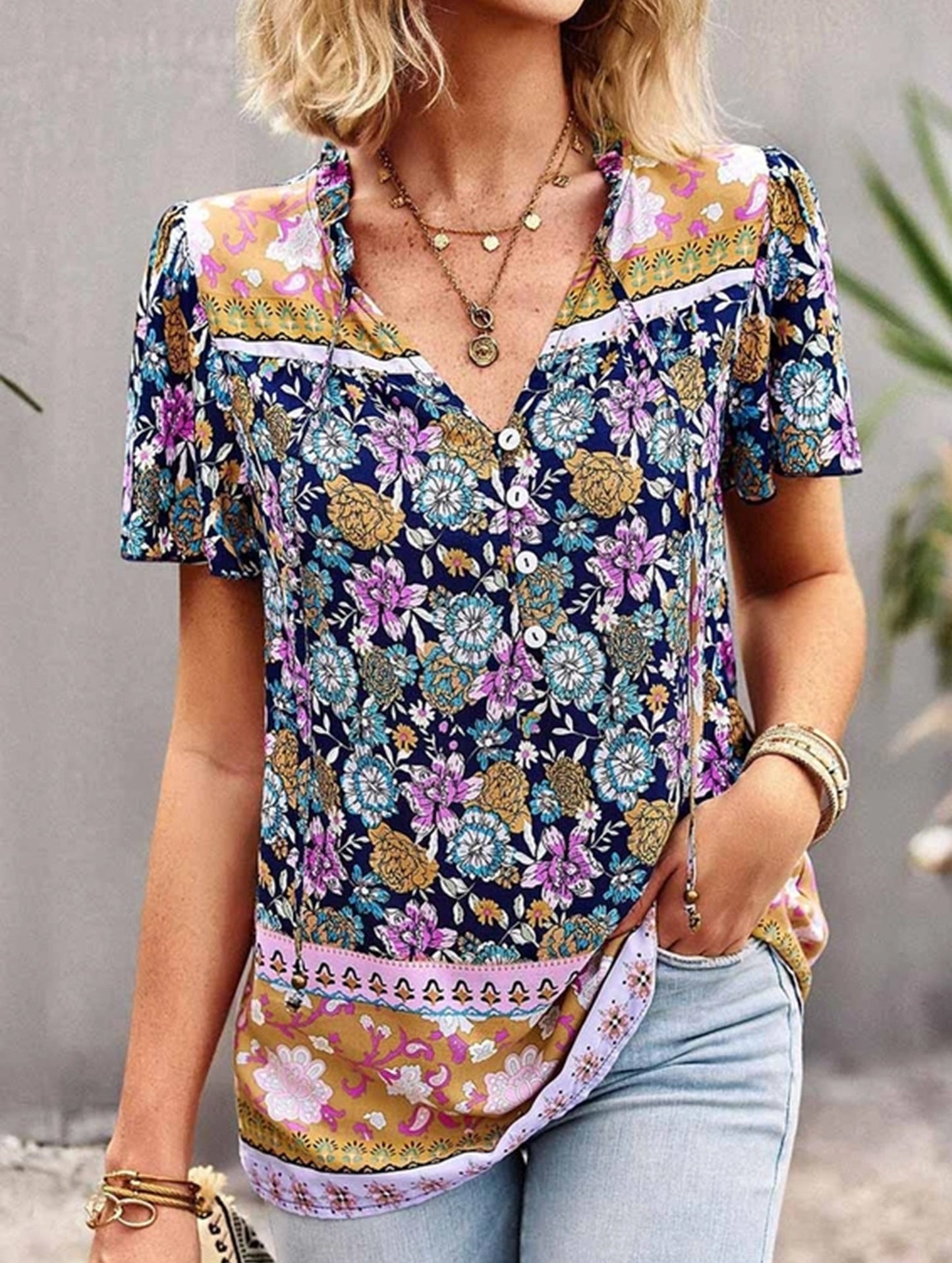 FLOWER PATTERNED HALF BUTTON V NECK TUNIC TOP