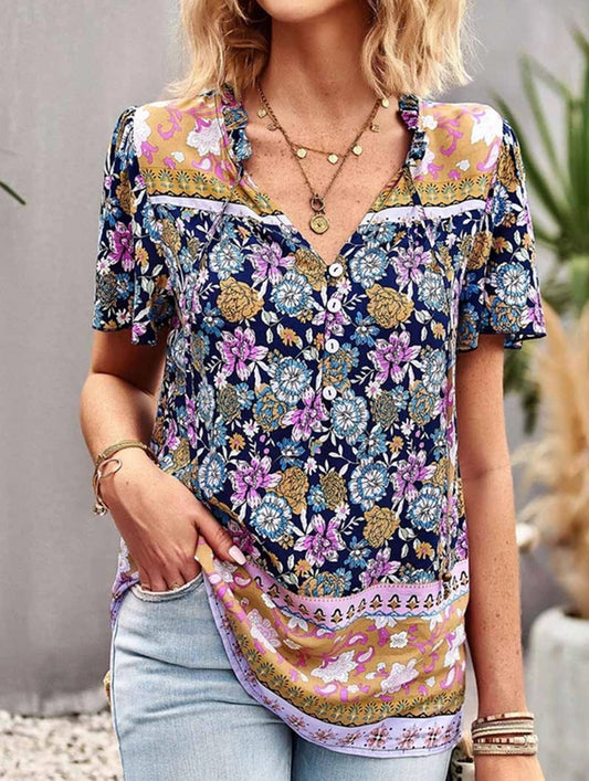 FLOWER PATTERNED HALF BUTTON V NECK TUNIC TOP