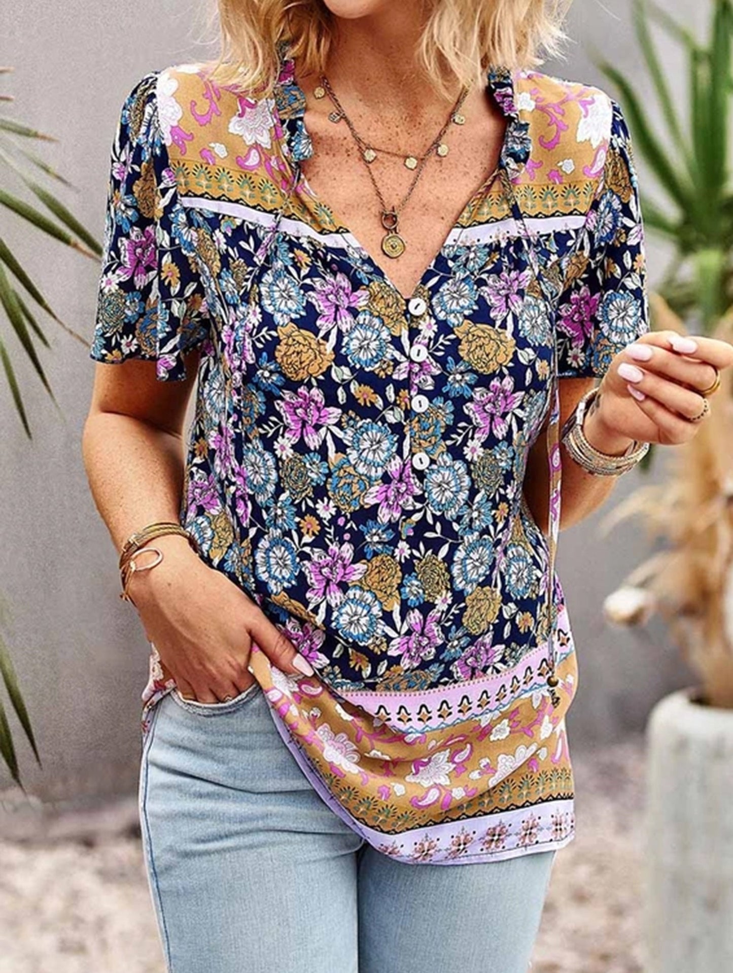 FLOWER PATTERNED HALF BUTTON V NECK TUNIC TOP