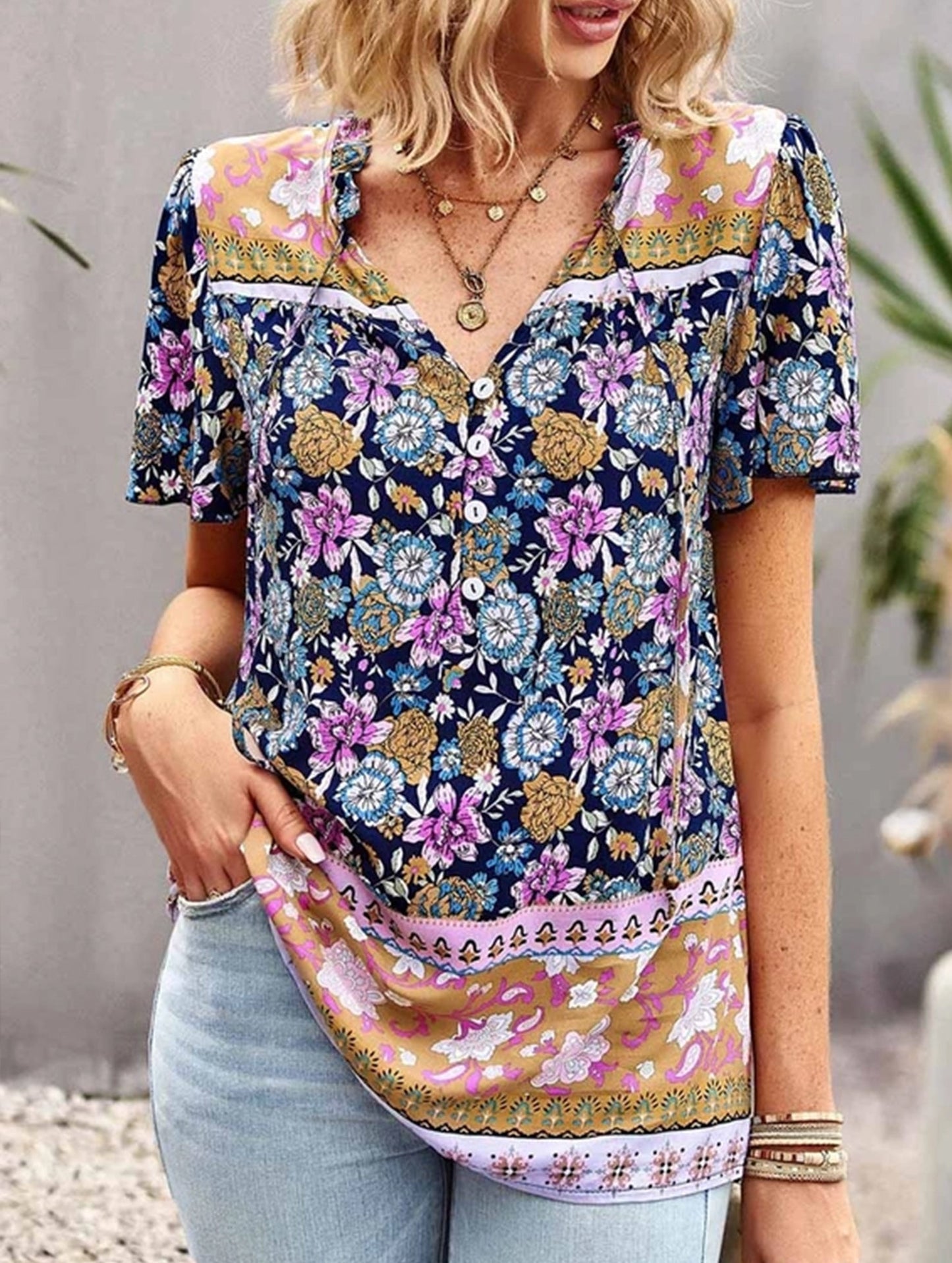 FLOWER PATTERNED HALF BUTTON V NECK TUNIC TOP