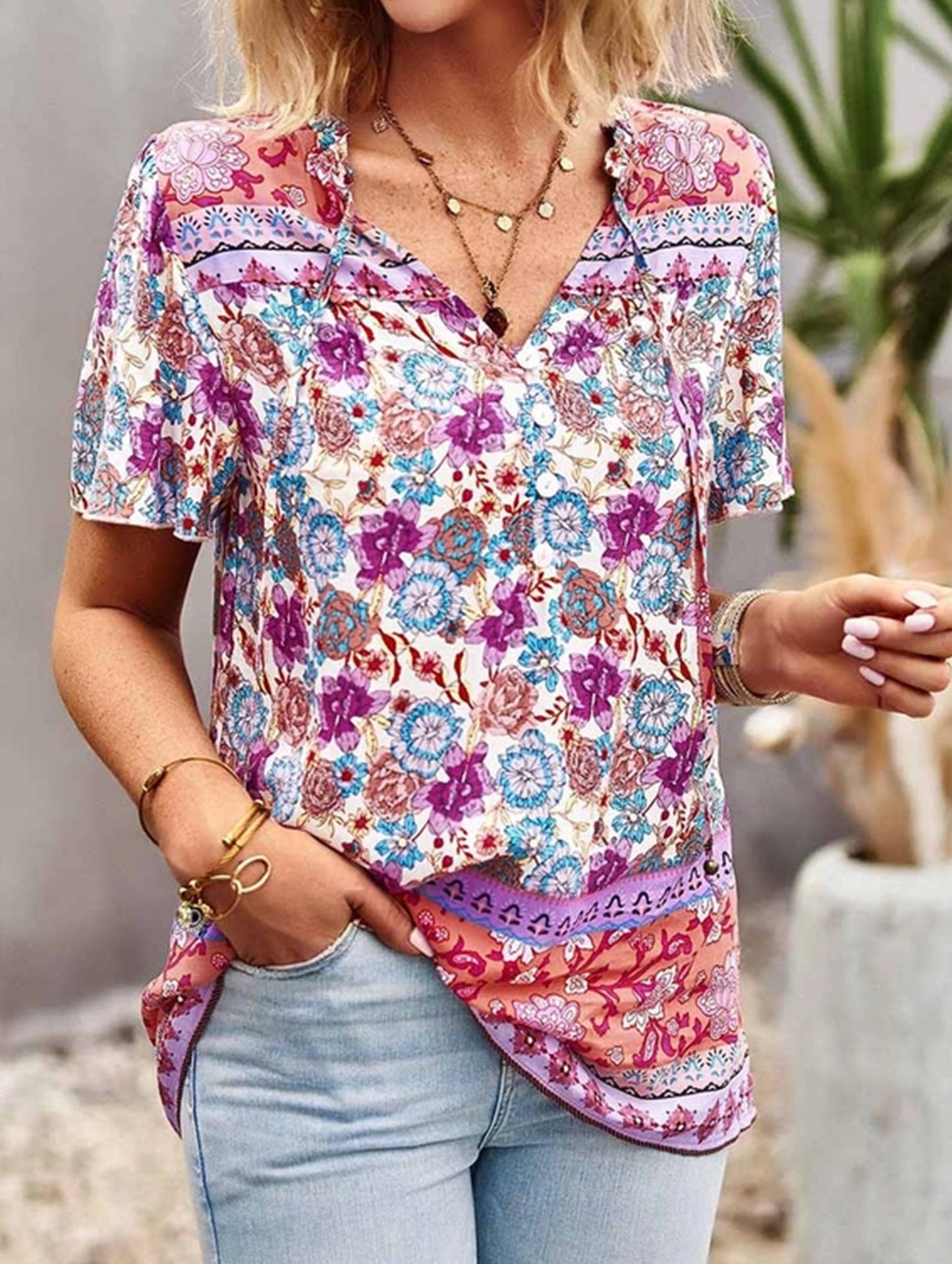 FLOWER PATTERNED HALF BUTTON V NECK TUNIC TOP
