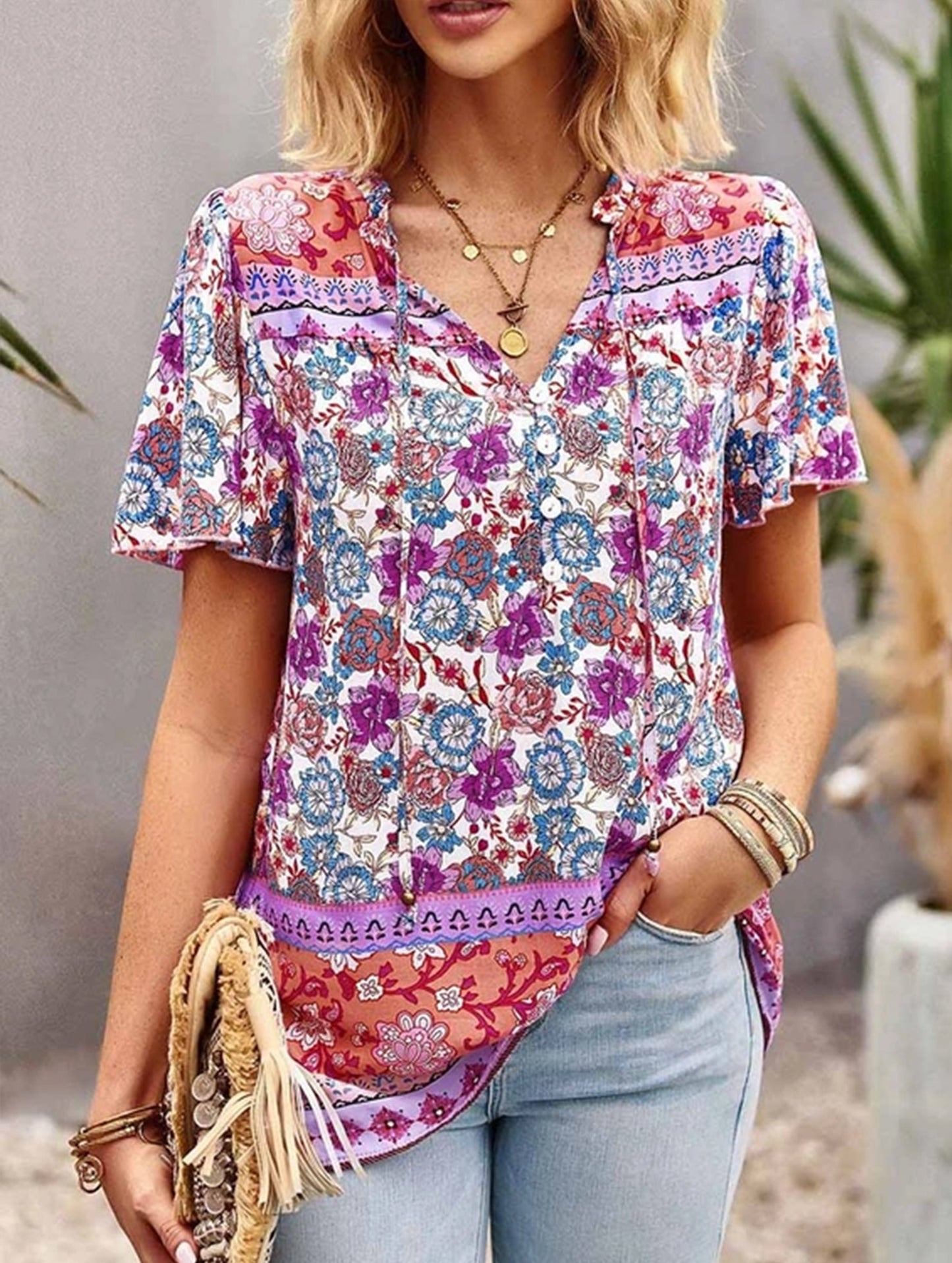 FLOWER PATTERNED HALF BUTTON V NECK TUNIC TOP