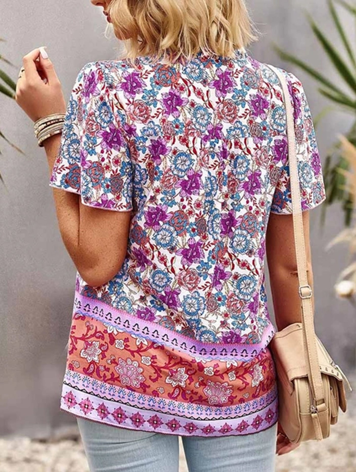 FLOWER PATTERNED HALF BUTTON V NECK TUNIC TOP