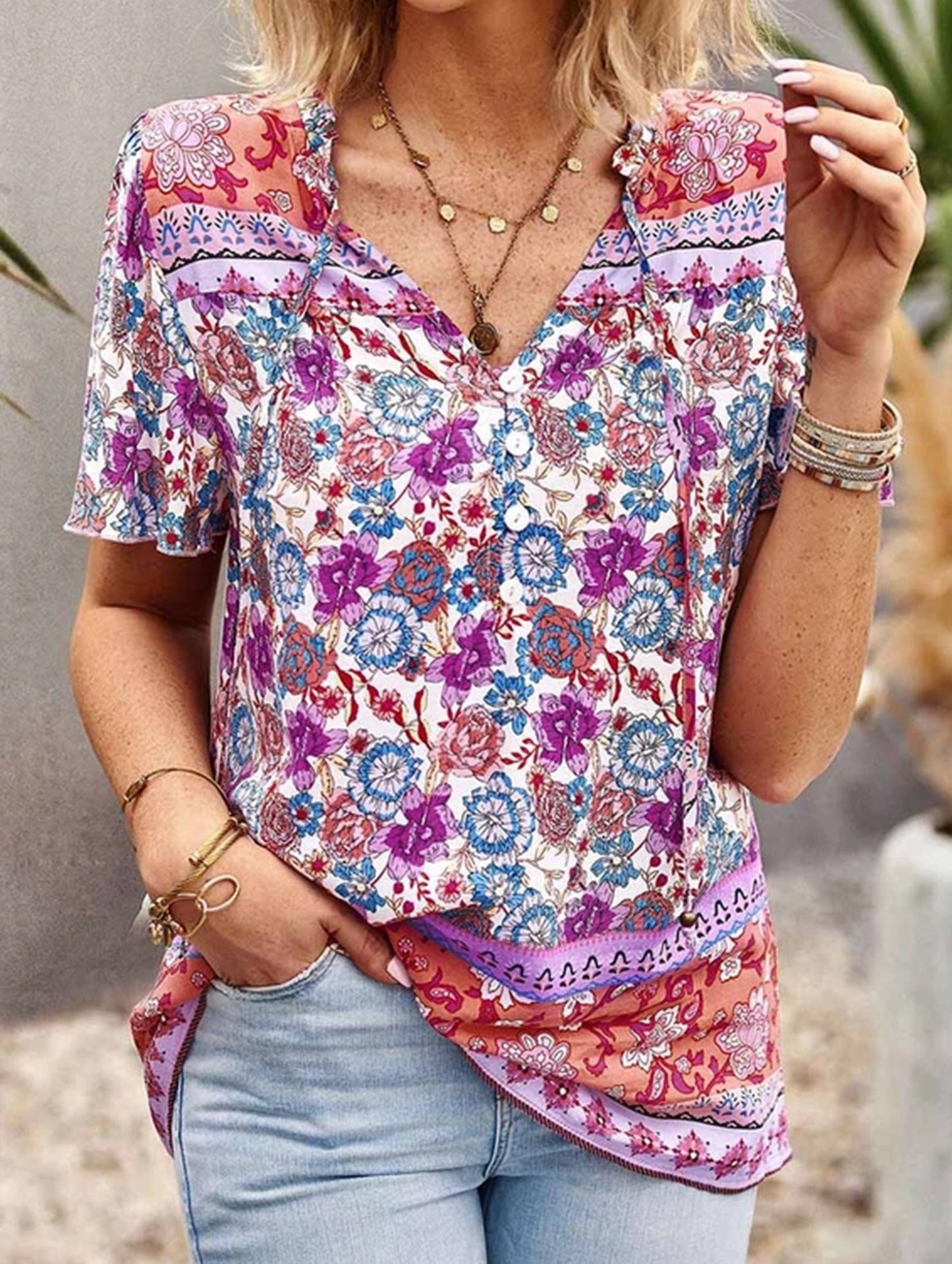 FLOWER PATTERNED HALF BUTTON V NECK TUNIC TOP