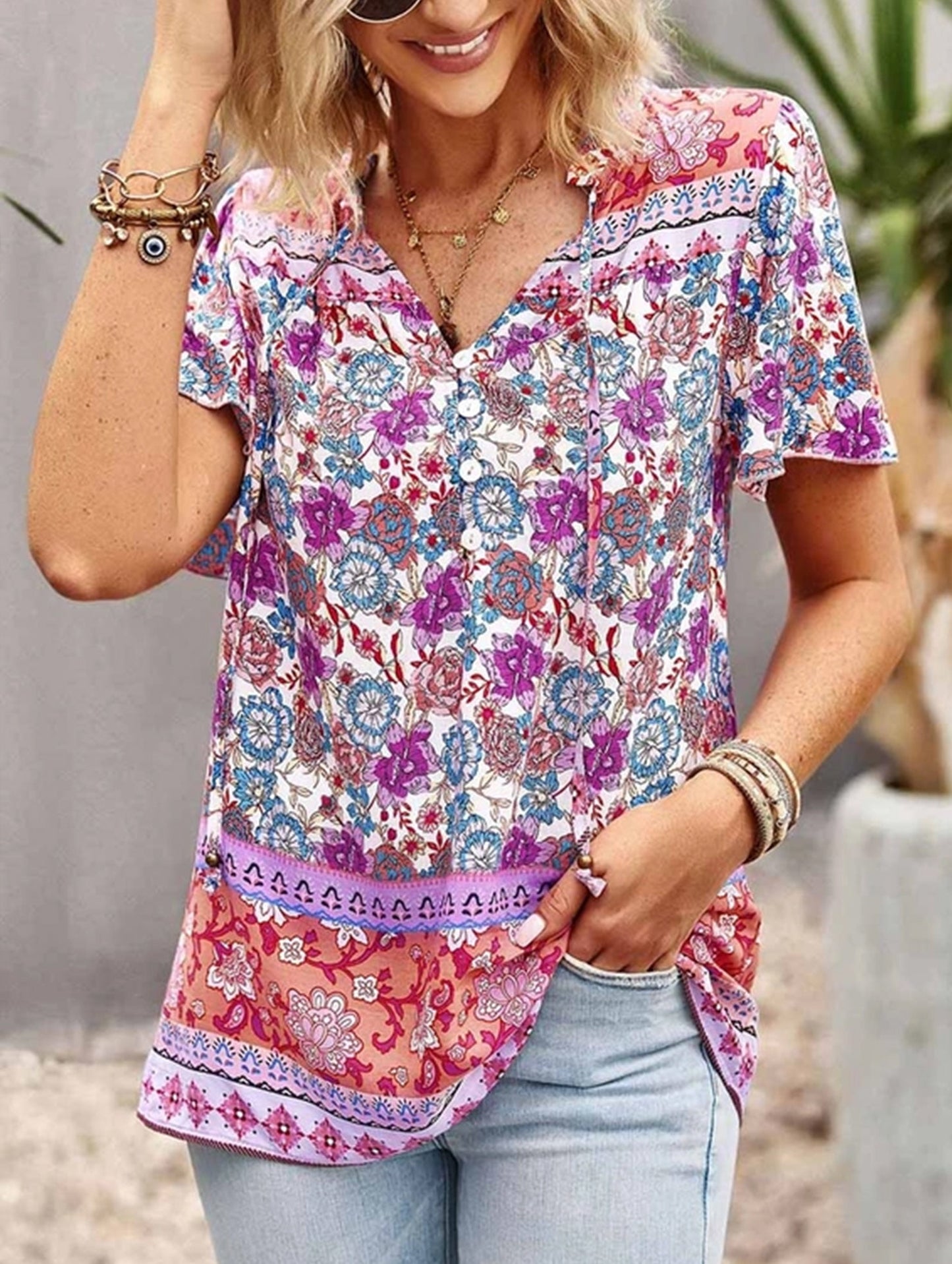 FLOWER PATTERNED HALF BUTTON V NECK TUNIC TOP