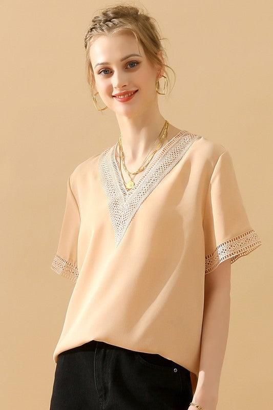 GOLD LACE POINT V NECK CHIFFON BLOUSE - Doublju