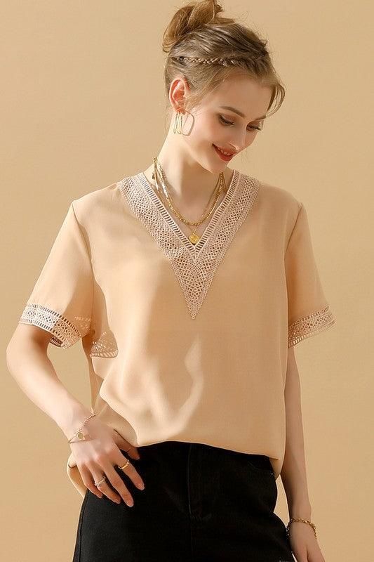 GOLD LACE POINT V NECK CHIFFON BLOUSE - Doublju