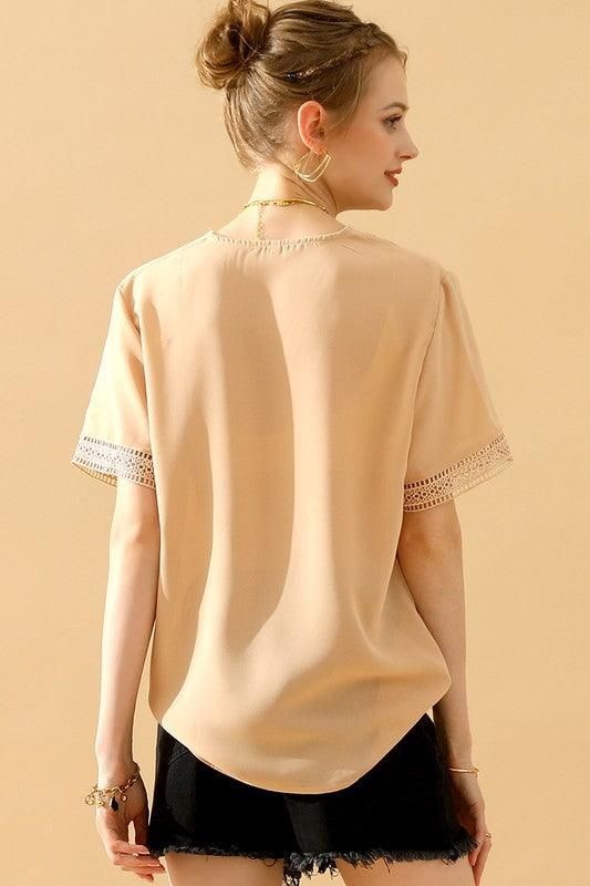 GOLD LACE POINT V NECK CHIFFON BLOUSE - Doublju