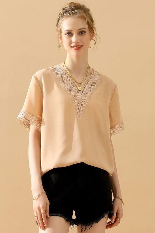 GOLD LACE POINT V NECK CHIFFON BLOUSE - Doublju