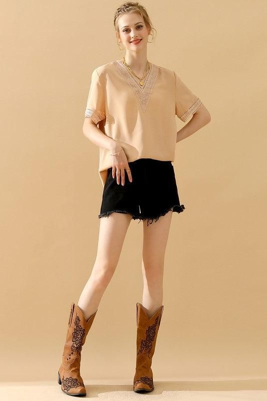 GOLD LACE POINT V NECK CHIFFON BLOUSE - Doublju