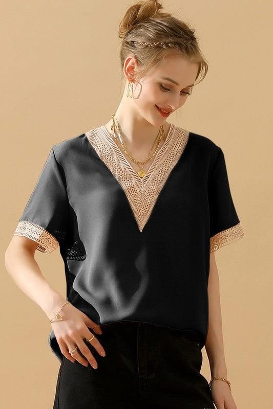 GOLD LACE POINT V NECK CHIFFON BLOUSE - Doublju