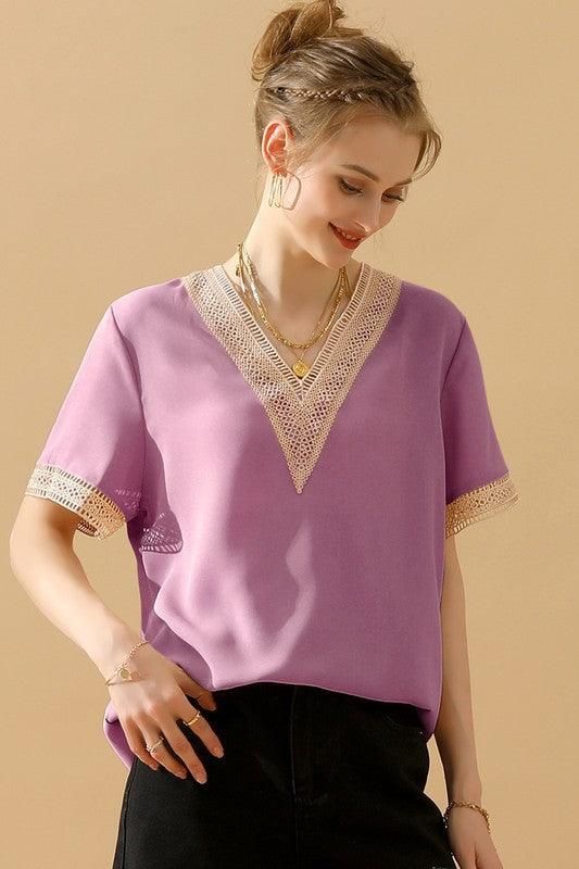GOLD LACE POINT V NECK CHIFFON BLOUSE - Doublju