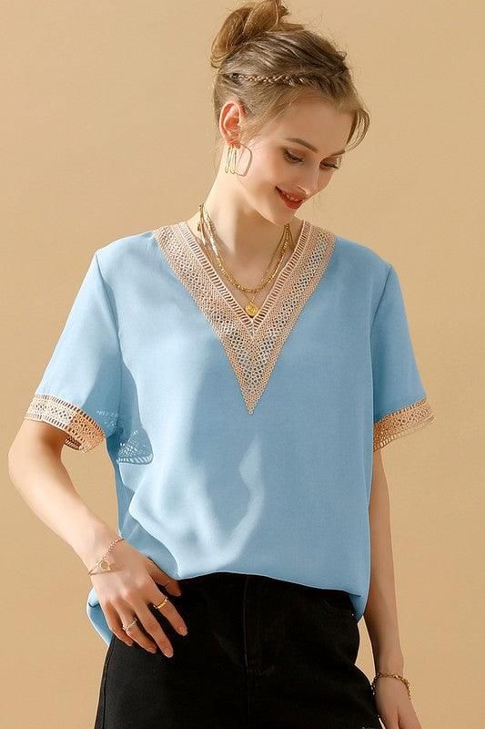 GOLD LACE POINT V NECK CHIFFON BLOUSE - Doublju