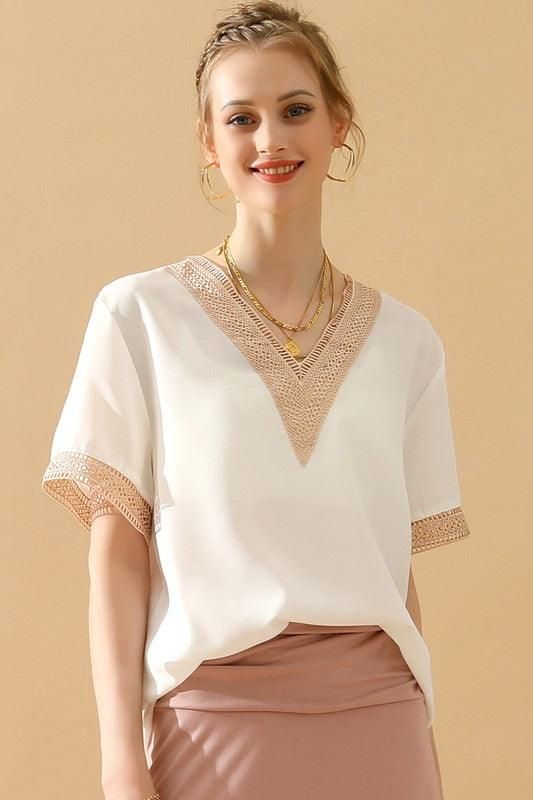 GOLD LACE POINT V NECK CHIFFON BLOUSE - Doublju