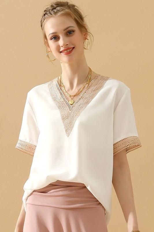 GOLD LACE POINT V NECK CHIFFON BLOUSE - Doublju