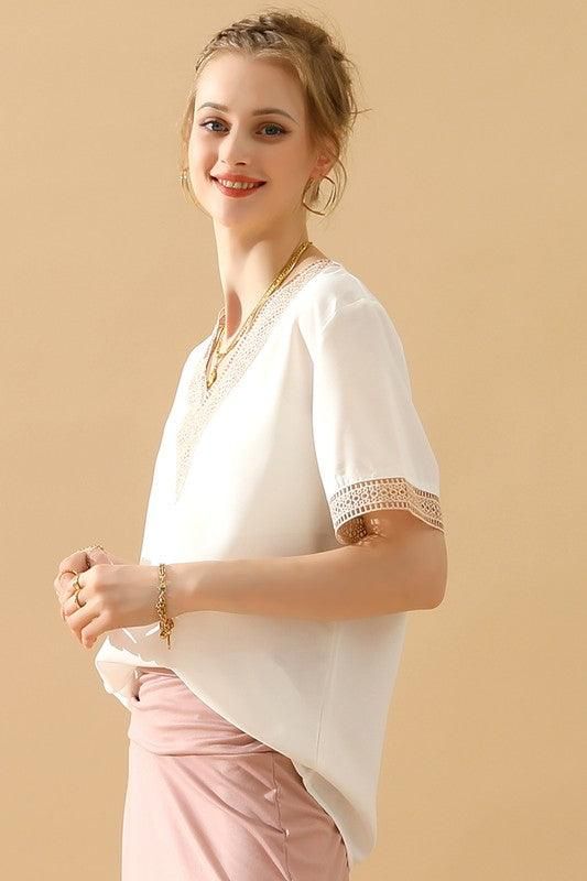 GOLD LACE POINT V NECK CHIFFON BLOUSE - Doublju