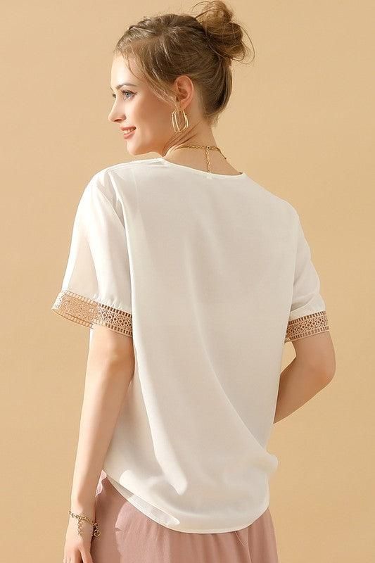GOLD LACE POINT V NECK CHIFFON BLOUSE - Doublju