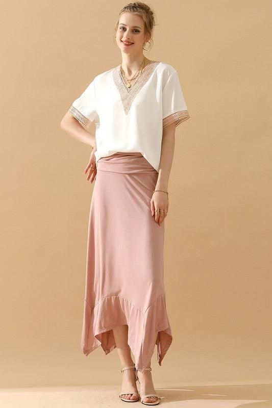 GOLD LACE POINT V NECK CHIFFON BLOUSE - Doublju