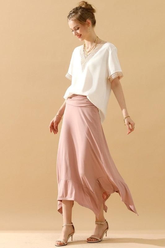 GOLD LACE POINT V NECK CHIFFON BLOUSE - Doublju