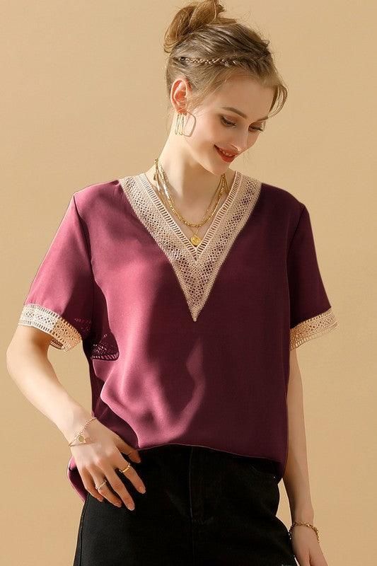 GOLD LACE POINT V NECK CHIFFON BLOUSE - Doublju