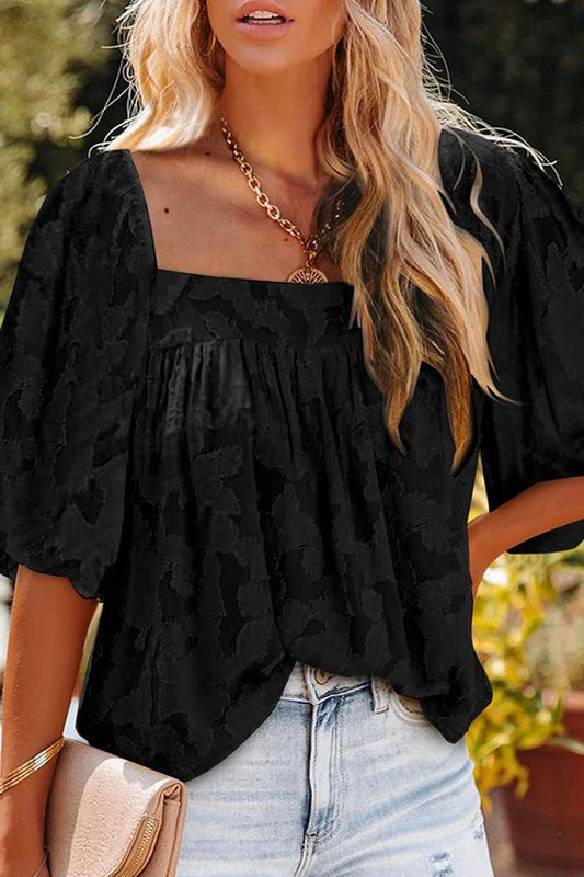 SQUARE NECK LOOSE FIT PATTERN LAYERED BLOUSE - Doublju