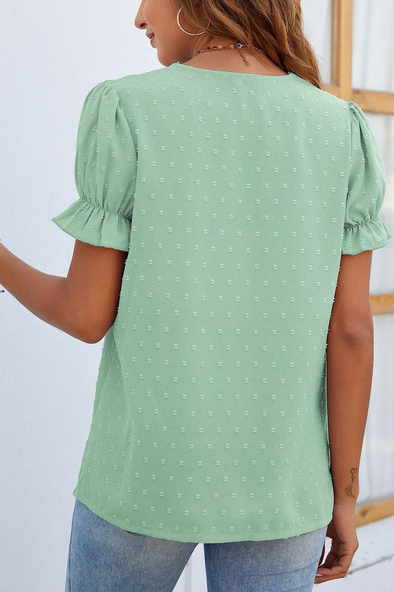 CHIFFON LACE V NECK DOT BLOUSE - Doublju
