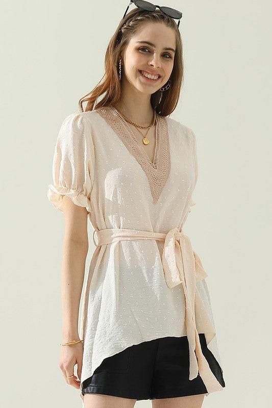 V NECK CHIFFON JARQUARD WAIST TIED BLOUSE - Doublju