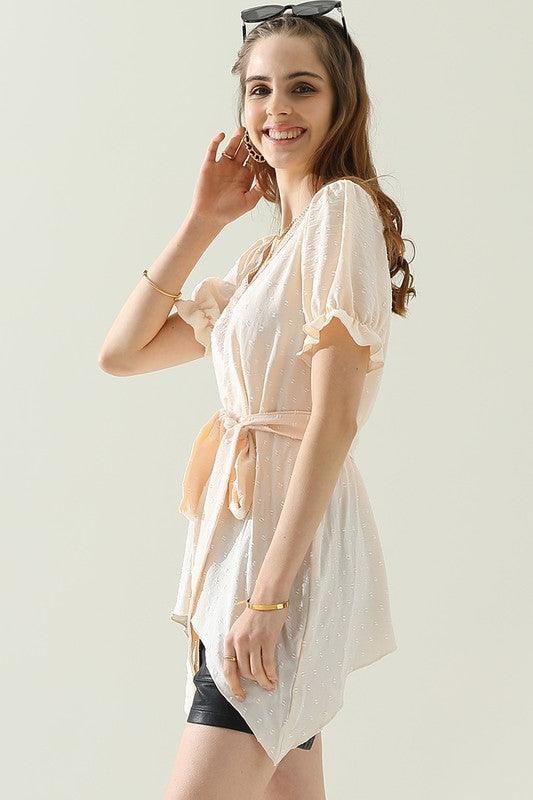 V NECK CHIFFON JARQUARD WAIST TIED BLOUSE - Doublju