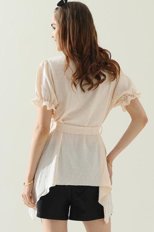 V NECK CHIFFON JARQUARD WAIST TIED BLOUSE - Doublju