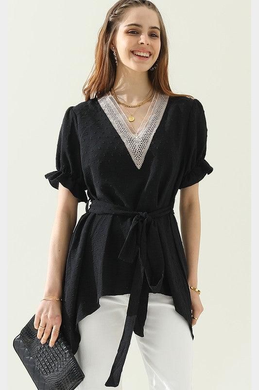 V NECK CHIFFON JARQUARD WAIST TIED BLOUSE - Doublju