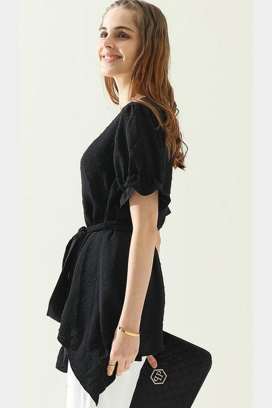 V NECK CHIFFON JARQUARD WAIST TIED BLOUSE - Doublju