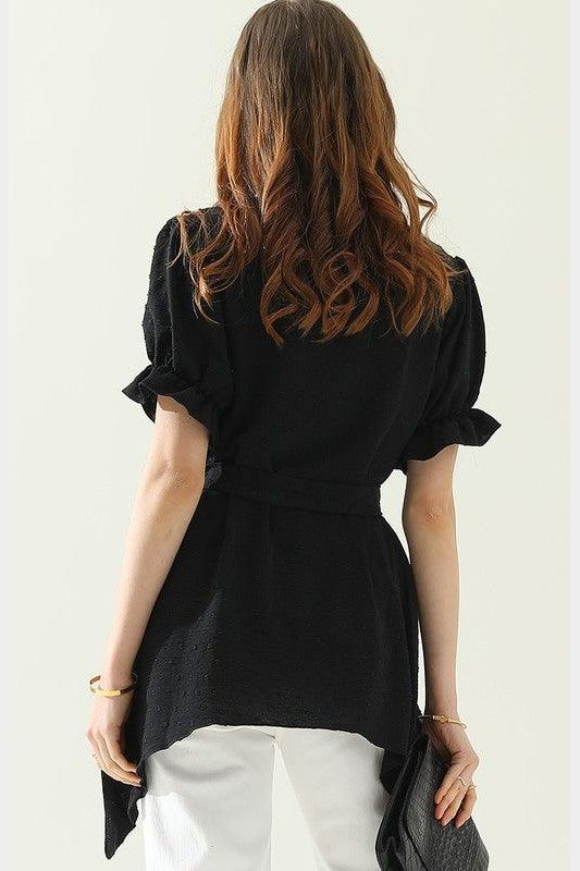 V NECK CHIFFON JARQUARD WAIST TIED BLOUSE - Doublju