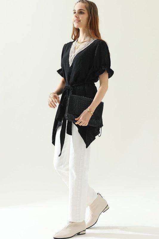 V NECK CHIFFON JARQUARD WAIST TIED BLOUSE - Doublju