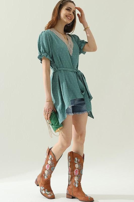 V NECK CHIFFON JARQUARD WAIST TIED BLOUSE - Doublju